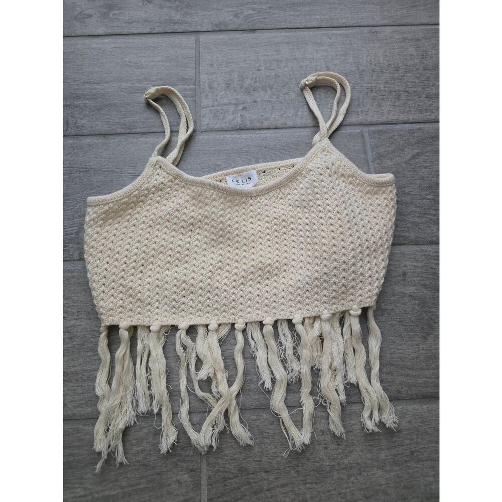 Le Lis Collection Knot Crochet Tassel Crop Top Spaghetti Strap Cream/Ivory Size